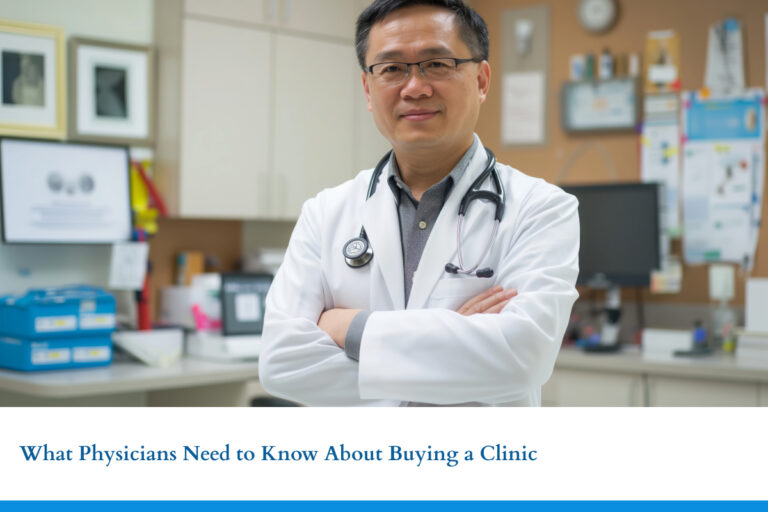 A male physician in a white coat standing confidently in a clinical setting, representing medical professionals preparing to buy a clinic.